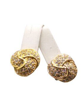 Vintage ROMAN Pave Crystal Knot Earrings, Gold Tone Studs